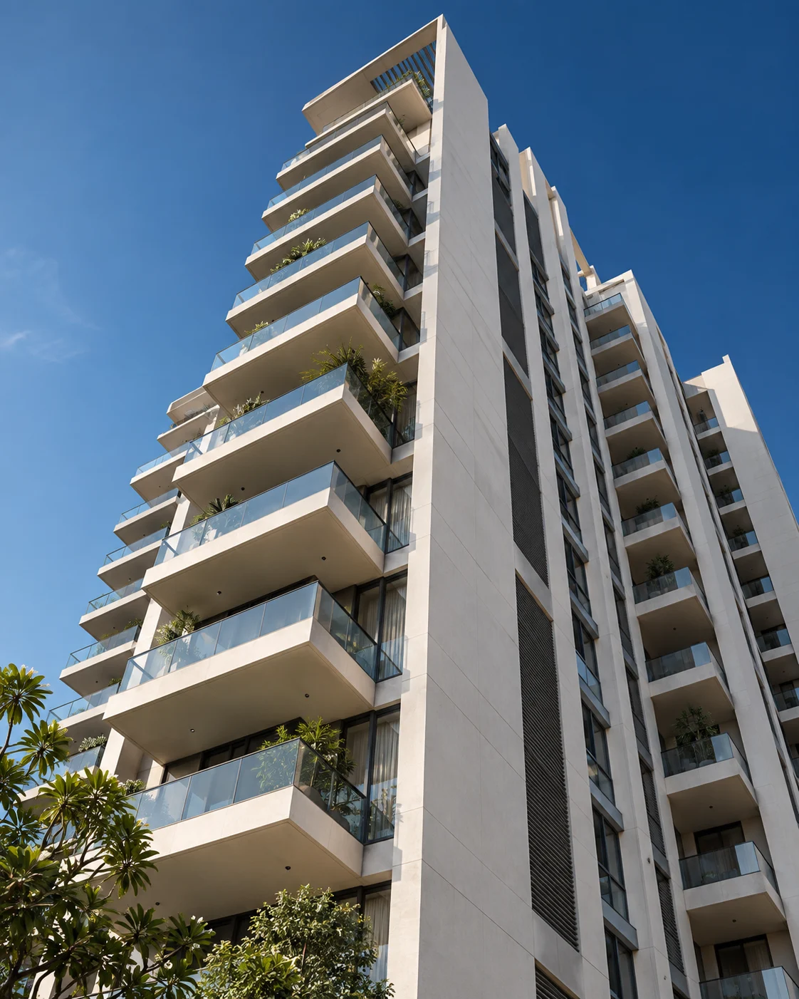 Illustrative contemporary residential architecture with sculptural balconies